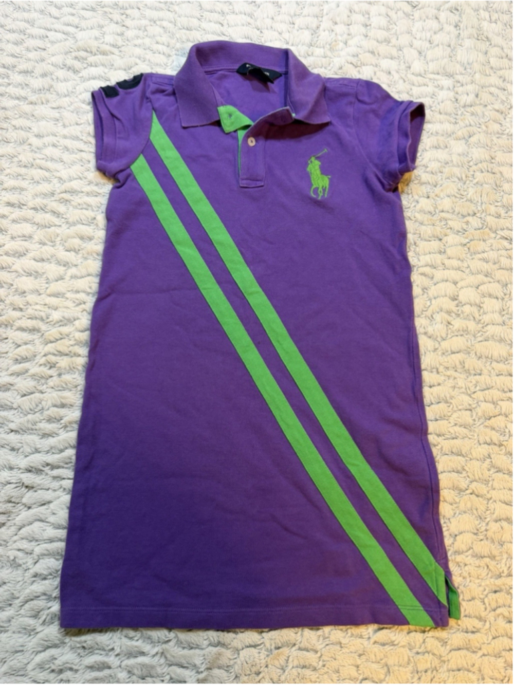 Ralph Lauren Girls Striped Polo Shirt Purple/Green Short Sleeve Logo M 8/10